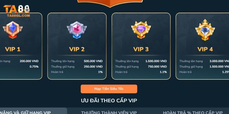 Vip TA88 Các cấp bậc VIP khác nhau sẽ đi kèm với đặc quyền riêng